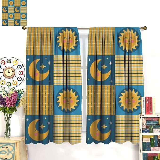 Retro Bohemian Plaid Blackout Curtains, Boho Sun Moon Stars Art Rustic Farmhouse Window Drapes, for Living Room Bedroom 63" W X 72" L
