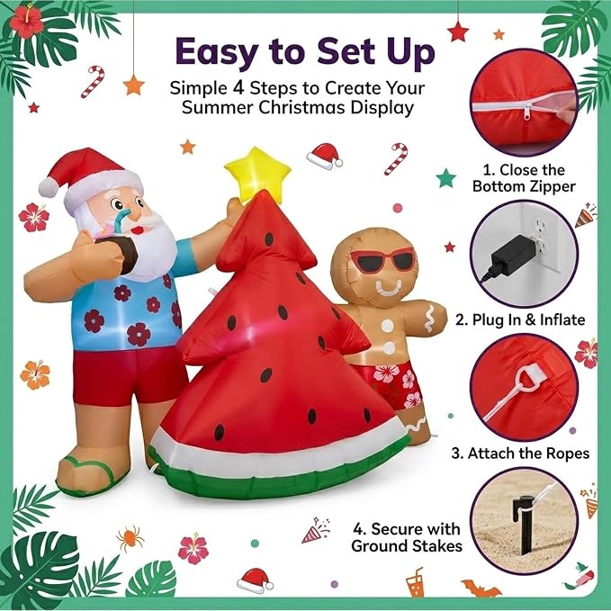 5.7FT Christmas in July Santa Inflatable Outdoor Decoration, Hawaiian Santa with Watermelon Tree and Gingerbread Man, Pre-Lit Blow Up Christmas Yard Decor with LED Lights for Lawn Garden