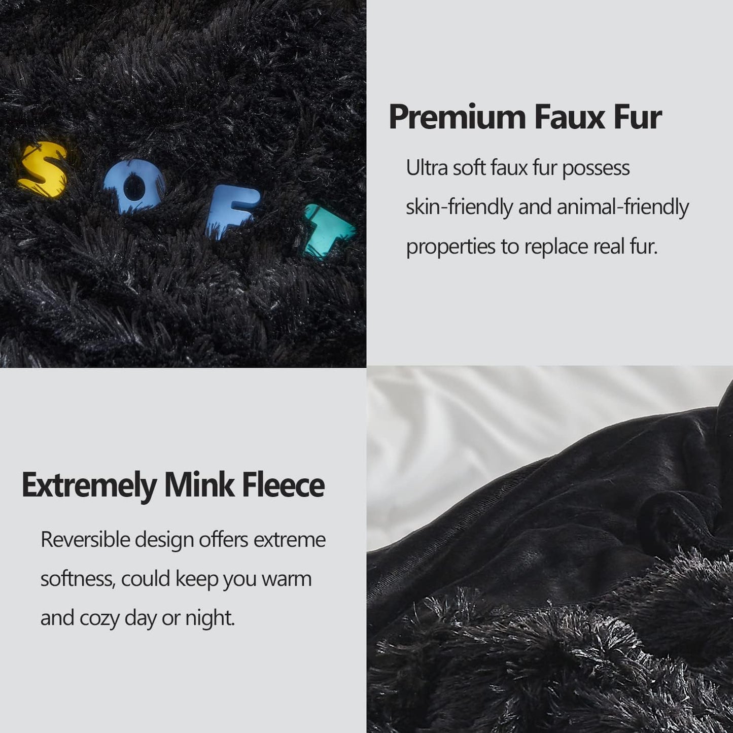 GONAAP Fuzzy Faux Fur Throw Blanket Black Super Soft Cozy Plush Fuzzy Shaggy Blanket for Couch Sofa Bed (Black, Throw(50"x60"))