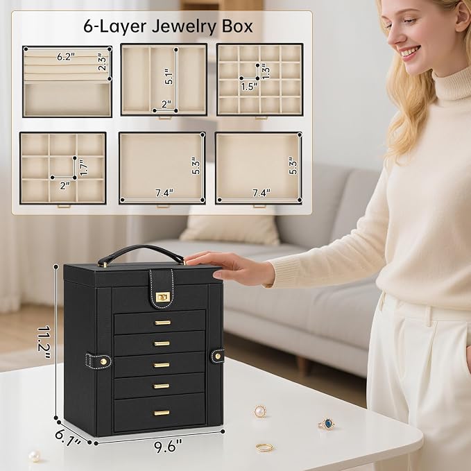 AKOZLIN 6-Tier Jewelry Box Organizer Functional 5 Drawers Leather Jewelry Storage Case for Women Girls Ring Necklace Earring Bracelet Holder Organizer with Mirror Medium Black