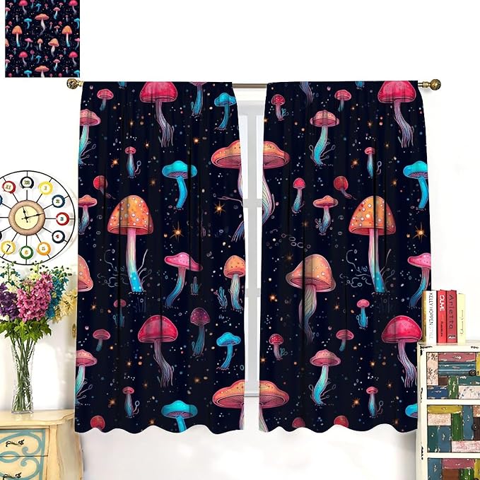 Fantasy Mushroom Blackout Curtains,Colorful Plant Print Window Treatments for Bedroom Living Room Kitchen Cartoon Herbs Floral Polyester Fabric Window Drapes 2 Panels Set,Total Size 42 x 45 Inch