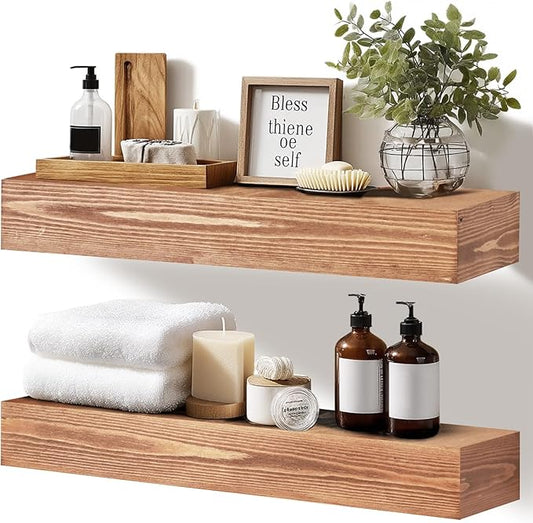 17x3x7 inch Floating Shelves Wall Mounted - Set of 2 Wood Rustic Solid Wood Wall Shelf - Heavy Duty Decorative Fireplace Mantel for Living Room, Bedroom, Bathroom, Kitchen