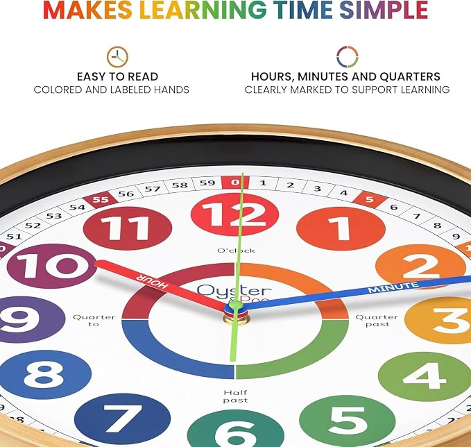 Oyster&Pop Kids Clock - Silent 14" Analog Learning Wall Clocks - Award-Winning Telling Time Teaching Clock for Kids - Large for Classrooms Homeschool & Bedrooms - Includes eBook