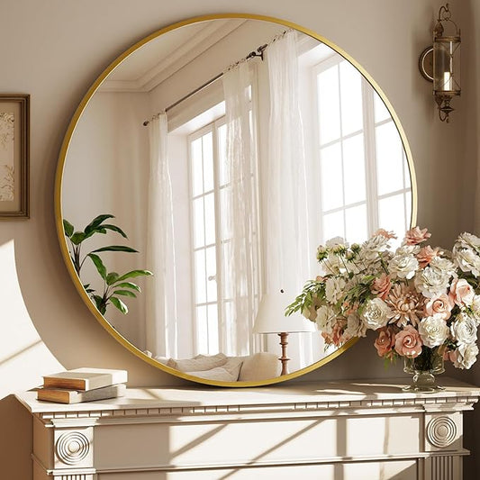 XRAMFY 42 Inch Round Gold Metal Wall Mirror - Stylish Circle Mirror for Entryway, Bathroom, and Living Room Decor | Matte Gold Circle Wall Mirror