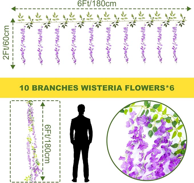 Alotiki Wisteria Artificial Flowers Garland,10Pcs Total 60ft Silk Fake Purple Wisteria Flowers Hanging for Home Garden Wedding Arch Party Indoor Outdoor Decor(10,Purple)