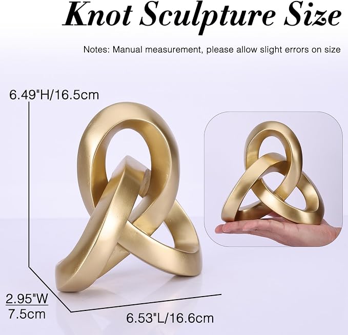 Modern Gold Knot Sculpture Decor – Abstract Geometric Tabletop Statue for Coffee Table, Bookshelf & Mantel, Contemporary Gold Decorative Accent for Living Room
