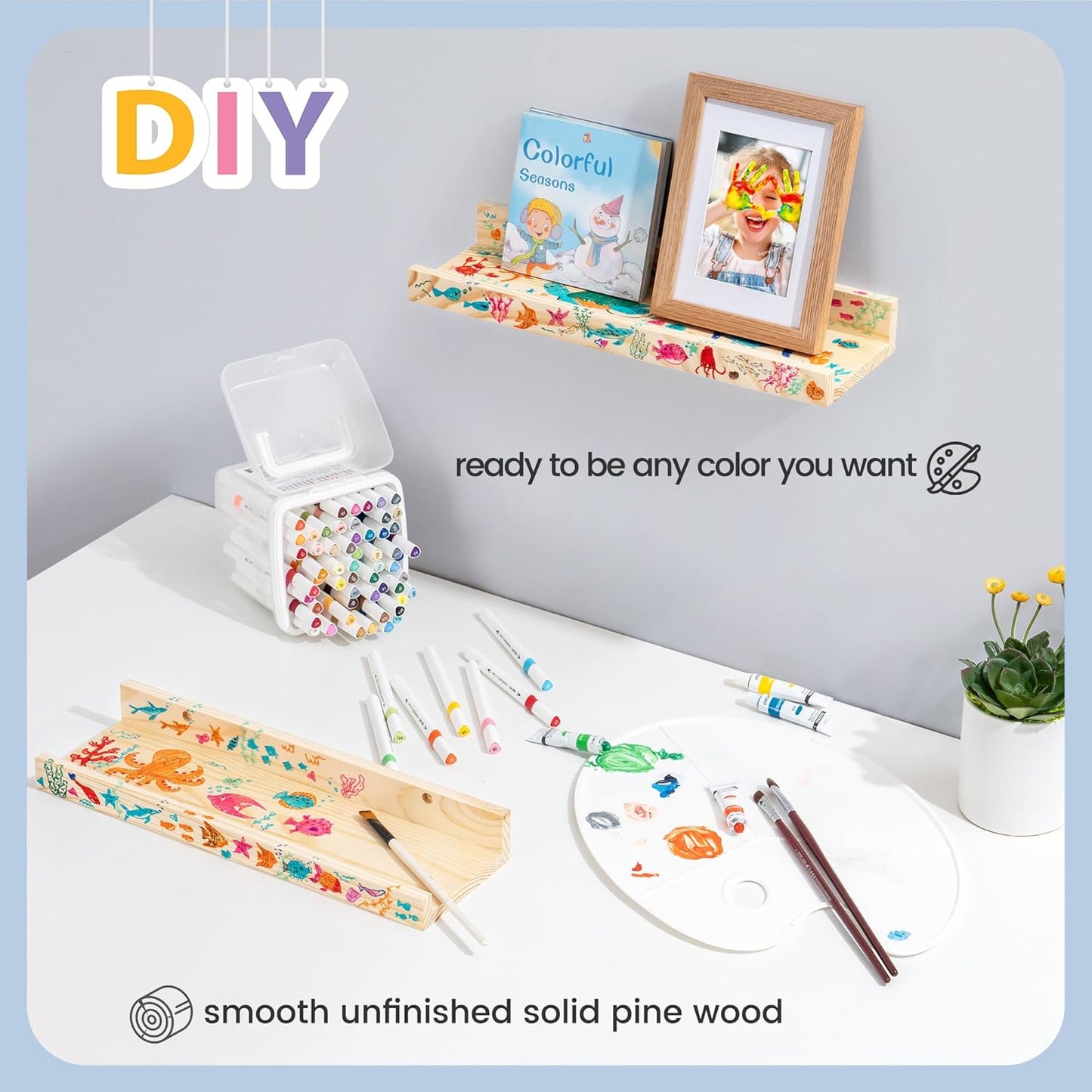 Picture Ledge Shelf for Wall, 16 inch Solid Pine Wood Nursery Book Shelves 2 Packs, Floating Ledge Shelves for Kids' Room Bedroom Bathroom Living Room Photo Frames Office Nursey Wall Decor, Natural