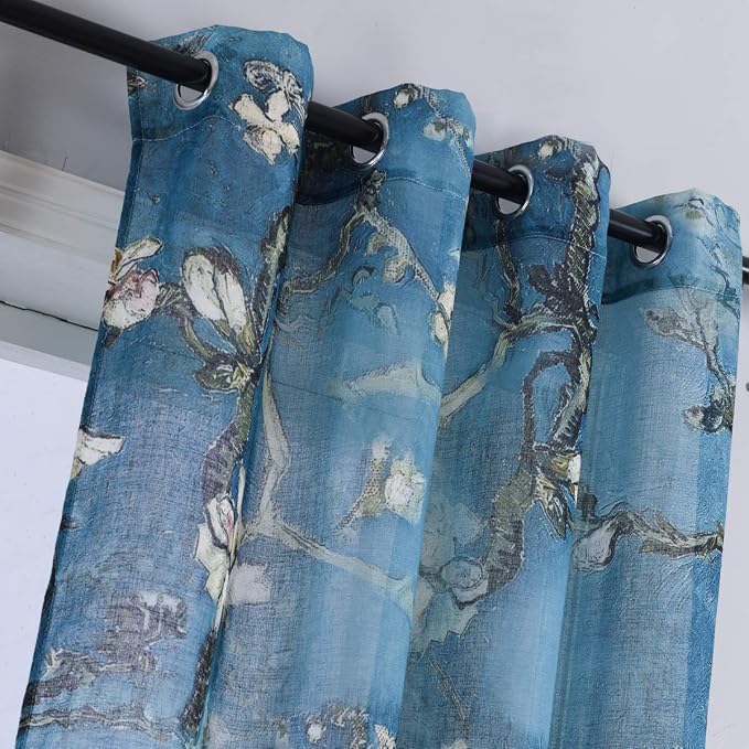 Taisier Home Chinese Style Plum Blossom Sheer Curtain Artistic Print Curtains 72 Inches Long for Living Room,Personalized Pattern Curtains 2 Panels Set（Grommet Top Style）