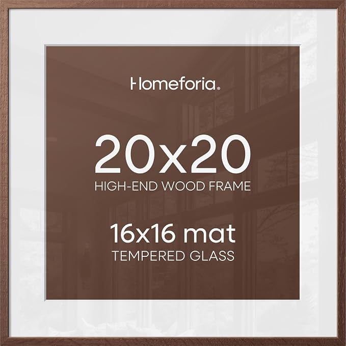 Homeforia 20x20 Brown Picture Frame, High End Dark Oak 20 x 20 Square Wood Frame with Mat 16 x 16 for Photo, 20by20 Wooden Walnut Poster Frame Matted to 16x16 Print, Tempered Glass, Wall Kit, Set of 2