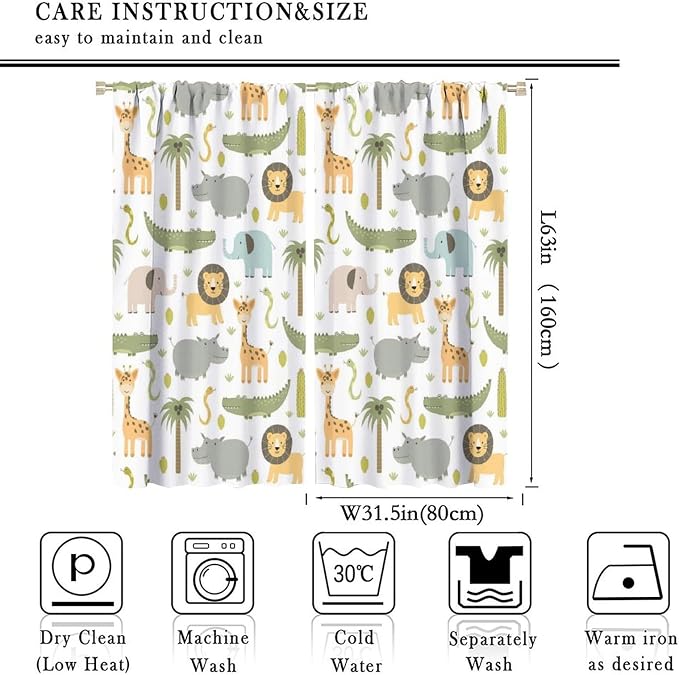 Nursery Safari Animals Curtains, Baby Boy Girl Kids Woodland Jungle Forest Lion Elephant Printed Curtains for Living Room Bedroom Window Drapes 2 Panel Sets63x63 Inch