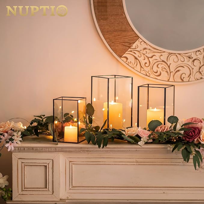Nuptio Glass Candle Holders Hurricane Holder for Pillar Candles 18 Pcs Black Metal Candle Holders Large Rectangular Candleholder Vase Centerpieces Decoration for Wedding Party 9.5 & 8.1 & 6.5 inch