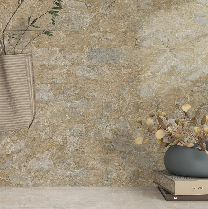 AULIGET Sandstone Peel and Stick Backsplash Wall Tiles, 3" x 6" PVC Faux Stone Stick on Tiles, Pack of 4