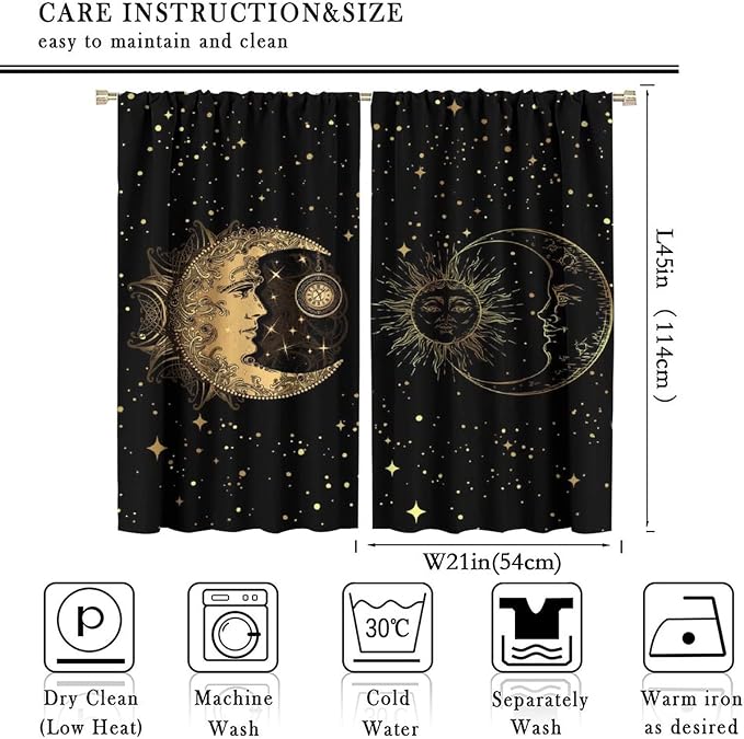 Sun and Moon Blackout Windows Curtains, Golden Planet Star Mysterious Galaxy Curtains Space Curtains, for Living Room Bedroom 42x45in 2 Panels