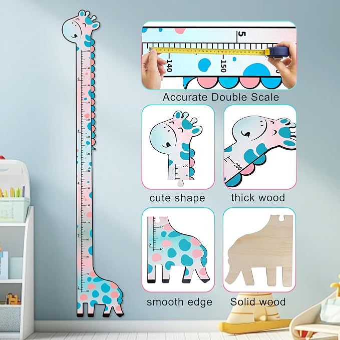 Wooden Growth Chart for Kids,Giraffe Height Chart for Boy Girls,Measuring Board for Kids Height,for Child's Room,Nursery Decor Decoration Wall Art (Blue and Pink Gradient Giraffe)
