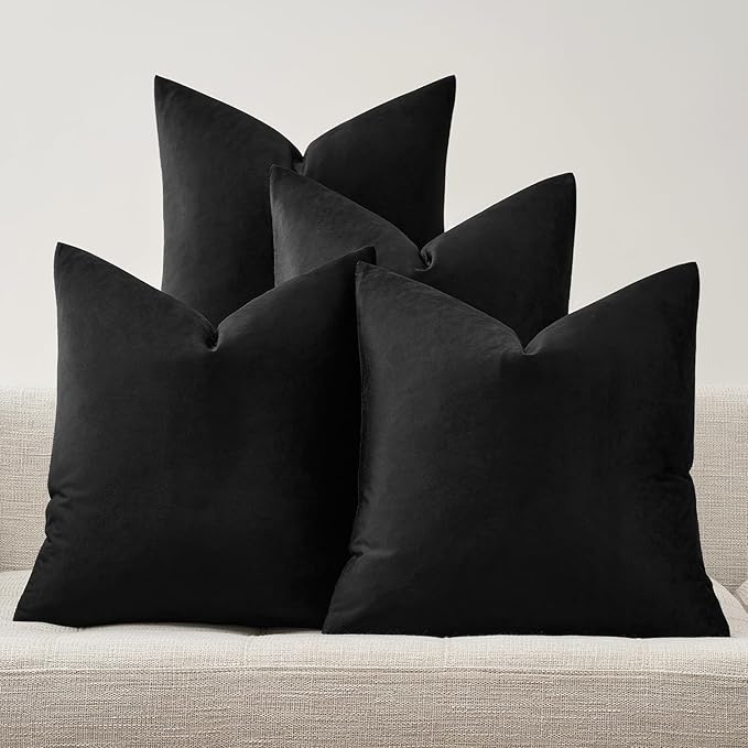 GIGIZAZA Black Velvet Pillow Covers - 18x18 Pack of 4 Decorative Throw Pillows Soft Couch Cushion Luxury Covers for Bed Living Room Accent Elegant Pillow Cases