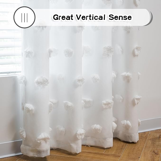 MYSKY HOME White Curtains for Living Room 90 Inches Long Nursery Curtains for Bedroom Double Layer Curtains White Pom Pom Sheer Curtains for Dining Room Grommet Room Darkening Window Panels W52 X L90