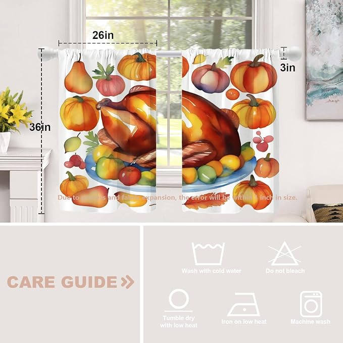 Shrahala Turkey Pumpkin Thanksgiving Blackout Curtain Tiers, Watercolor Fruits Delicious Food Pears Kitchen Valance Light Blocking Tier Drapes with Rod Pocket, 2 Pack 26 X 36 in