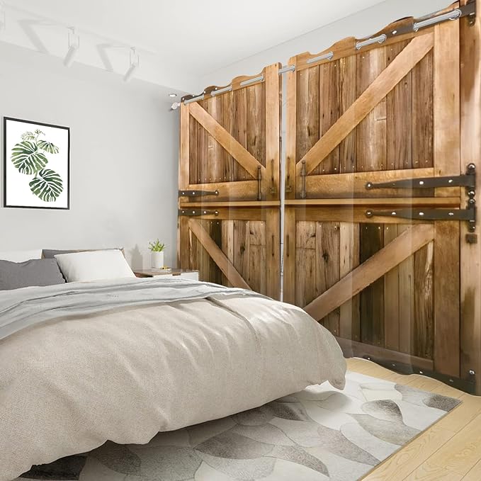 Vintage Wooden Curtains - Rustic Yellow Brown Barn Door & Window Drapes, 42x84 inch, 2 Panels