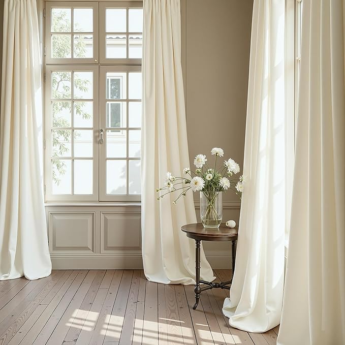 Ivory Velvet Curtains 96 Inches Long for Bedroom Aesthetic 2 Panel Back Tab Pocket Thick Heavy Sound Proof Reducing Light Filtering Off White Drape for Patio Sliding Door Living Room Darkening Elegant