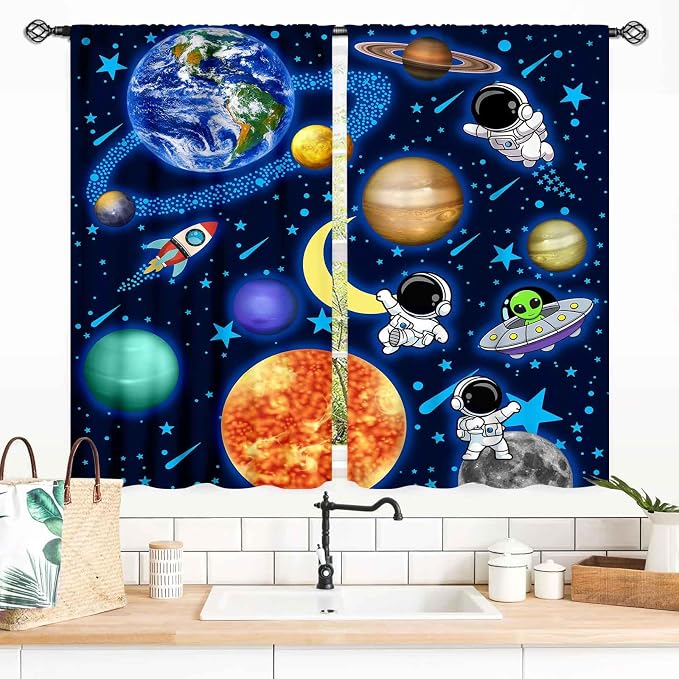 Space Curtains, Kids Boys Solary System Universe Outer Space Planet Astronaut Galaxy Blackout Window Drapery Treatments for Living Room Nursery Playroom 2 Panels, 55x39 Inch