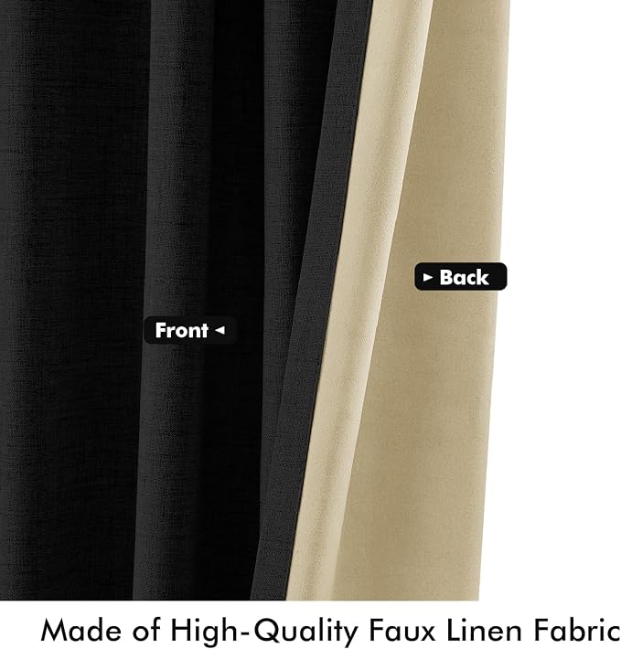 MIULEE 100% Blackout Linen Curtains for Bedroom, Black Solid Luxury Decor Thermal Insulation Room Darkening Drapes for Living Room Back Tab Rod Pocket 42 x 72 Inches, 2 Panels