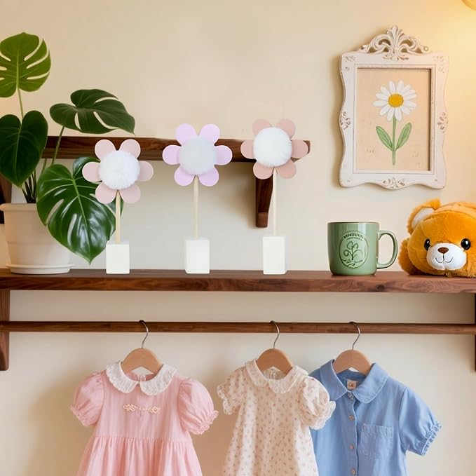 3 Pack Daisy Nursery Shelf Decor, Wooden Spring Flower with Pompom Pistil Boho Baby Girl Nursery Room Decoration Bohemian Cute Wall Art for Bedroom Kindergarten Classroom Playroom Bookshelf Gift