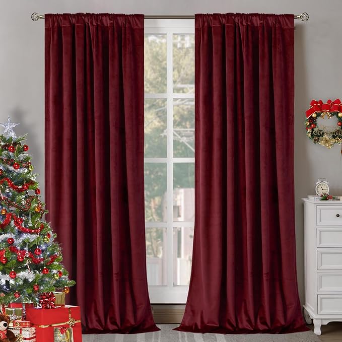 BGment Christmas Red Velvet Curtains 90 Inches for Bedroom, Thermal Insulated Room Darkening Curtains Sound Reduce Drapes with Back Tab and Rod Pocket for Living Room, 2 Panels, 52 x 90 Inch