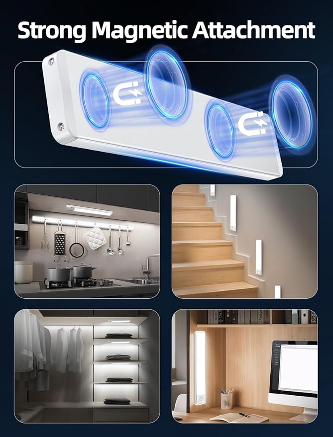 Under Cabinet Lighting: 10 Inch 3-Color Dimmable Rechargeable Motion Sensor Lights Indoor - Battery Operated Lights - Closet Light Magnetic Led Light for Kitchen Home Bathroom Counter 5 Pack