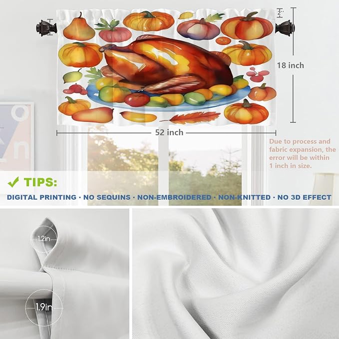 Shrahala Turkey Pumpkin Thanksgiving Blackout Short Curtains for Windows, Watercolor Fruits Delicious Food Pears Kitchen Valance Thermal Insulated Rod Pocket Window Treatment 2 Pack 52 X 18 in