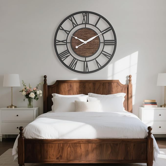 Pytha Sight 24 Inch Large Oversized Farmhouse Modern Decorative Wall Clock for Living Room,Silent Industrial Big Roman Numerals Vintage Metal Round Wall Clocks for Kitchen,Dining Room,Office