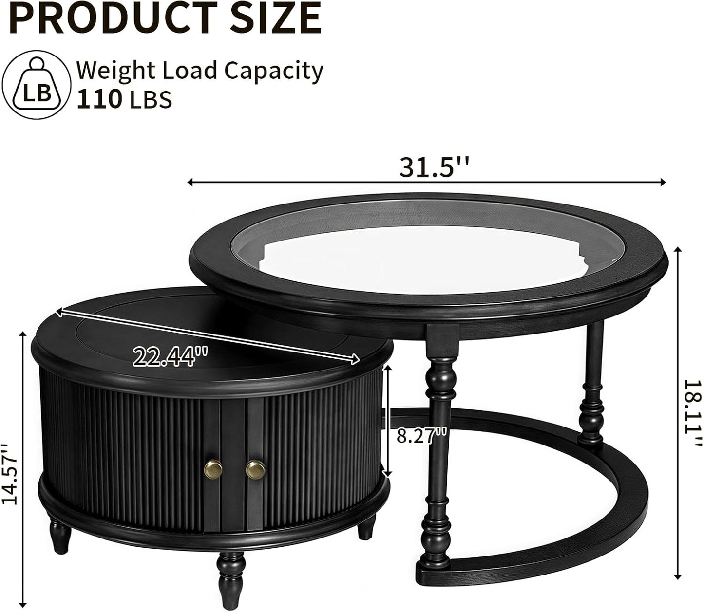 31.5'' Black Nesting Coffee Table Set of 2, Solid Wood Round Nesting Coffee Table Fluted with Storage for Living Room Office