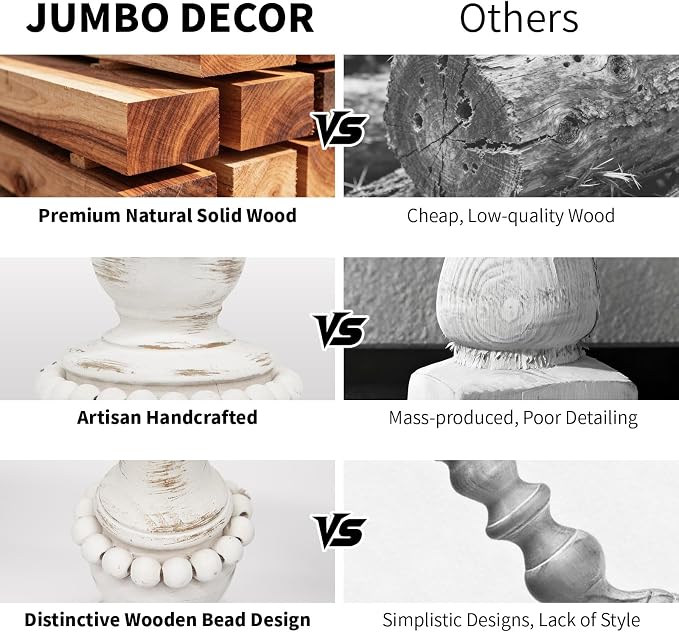 Farmhouse Large Candle Holders for Pillar Candles, Rustic Wooden Beaded Candle Holder, Perfect for Table Centerpieces, Coffee Table or Fireplace Mantel, 3 Piece Set (White)
