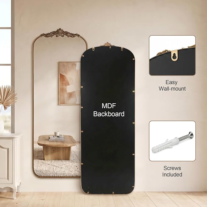 Vintage Gold Arched Full Length Mirror 56"x21" with Metal Frame | Ornate Baroque Design,HD Tempered Glass,Wall Mount,Antique Gold Finish