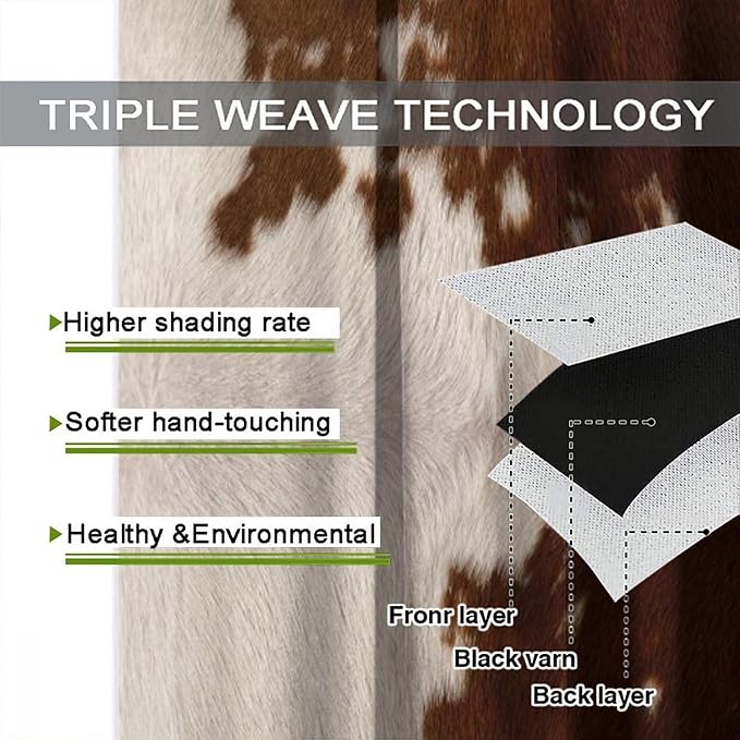 Cow Print Blackout Curtain, Animal Fur Brown Cowhide Western Farm Style Window Treatments Rod Pocket Curtain for Bedroom Living Room Kitchen Decor Drapes 55x63in