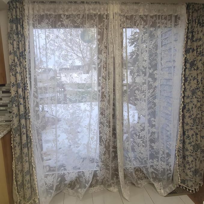 Treatmentex White Lace Curtains for Bedroom 95 inch Length 3D Leaf and Floral Embroidered Sheer Window Drapes for Living Room Guest Room, Rod Pocket Modern Country Rustic Lace Curtains 52" w 2pcs