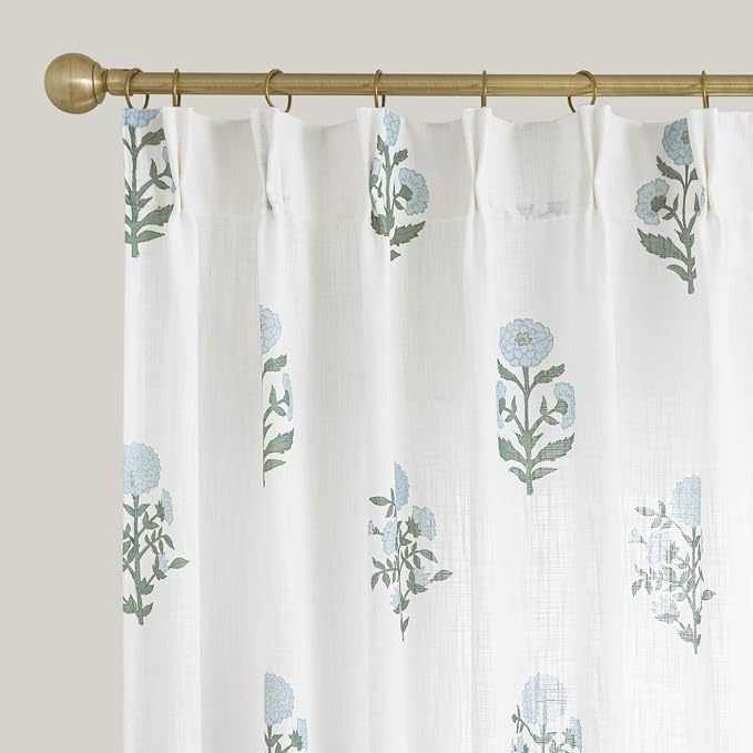 Custom 102 Inch Long Floral Pinch Pleated Curtains, High End Luxury Floor Length Pleat Drapes for 9FT Ceiling, Blue and Green Pattern Linen Semi Sheer Drapery Panels for Living Room Bedroom