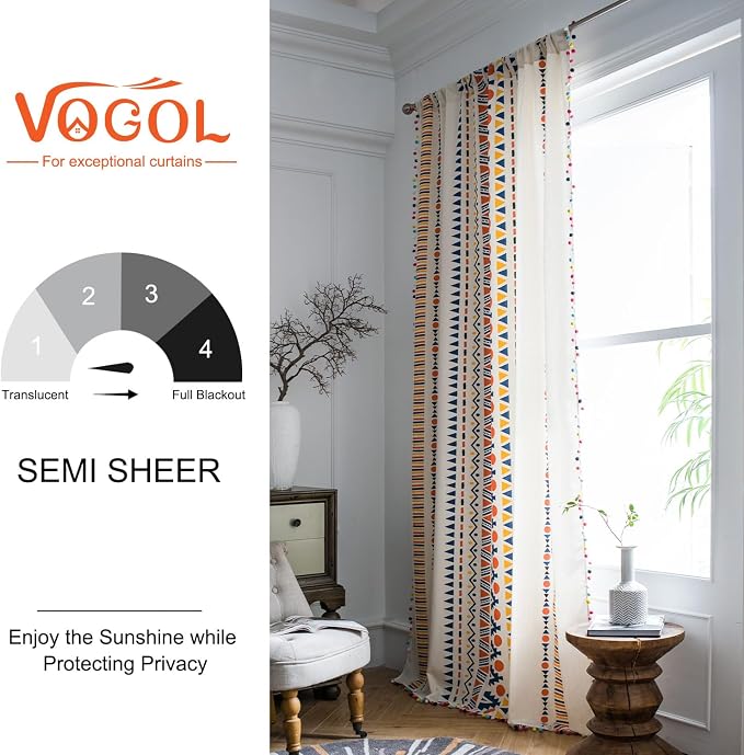 VOGOL Linen Textured Boho Curtains, Semi Blackout Geo Pattern Window Treatment with Pom Pom, Colorful Rod Pocket Drapes for Living Room Sliding Door, 52 x 84, 1 Panel
