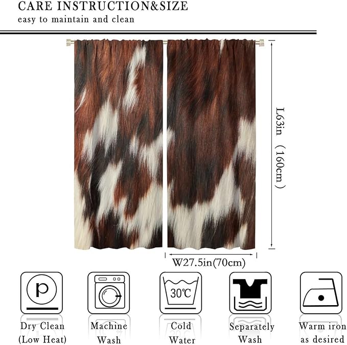 Cow Blackout Curtain,Animal Print Brown Cowhide Western Rustic Farm Farmhouse Window Treatments Rod Pocket Curtain for Bedroom Living Room Kitchen Decor Drapes 55x63in