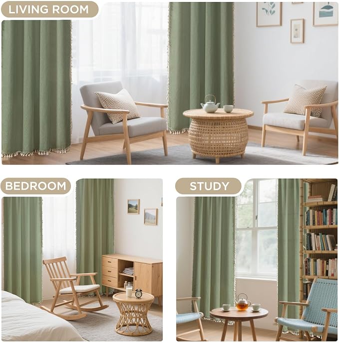 Joydeco Sage Green Boho Curtains 84 Inch Length 2 Panels, Super Soft Bohemian Farmhouse Curtains with Tassels, Semi Sheer Light Filtering Drapes for Bedroom Living Room (Rod Pocket, 52Wx84L)