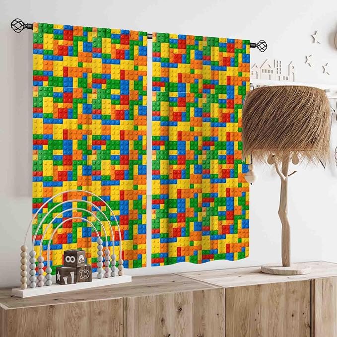 Kids Boys Curtains for Bedroom Building Blocks Curtains, Colorful Plastic Block Building Constructor Brick Blackout Window Treatments for Playroom Living Room Nursery, 52"x84" Inch