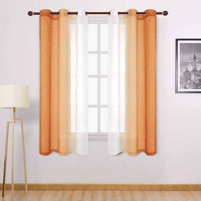 DWCN Fall Faux Linen Ombre Sheer Curtains - Gradient Semi Voile Curtains for Bedroom and Living Room, Set of 2 Grommet Top Window Curtain Panels, 42 x 63 Inches Long, Sunset Orange