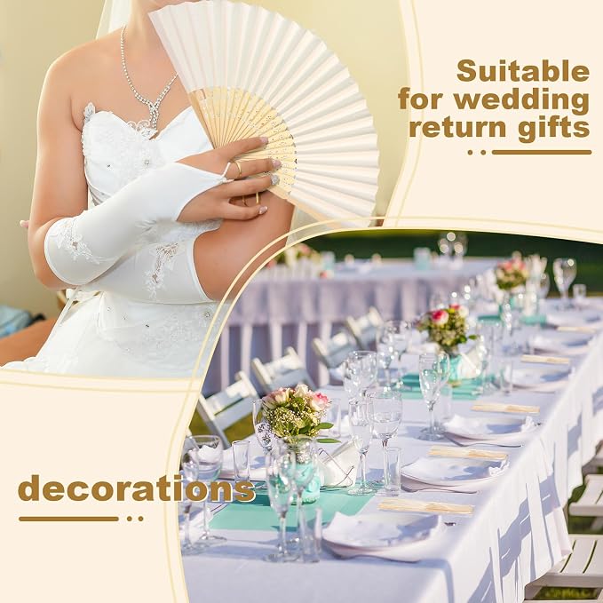Qunclay 150 Pcs White Paper Hand Fans Bulk Bamboo Folding Handheld Wedding Fans for Bridal Dancing Party Favors Church Home Decoration Gift DIY Supplies Stage Props in OPP Individual Package