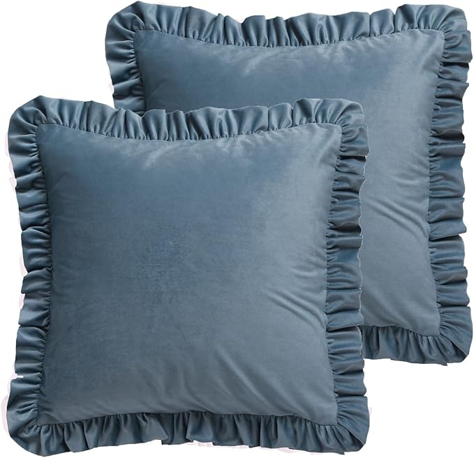 ISAENNE Classic Port Gray Square Throw Pillow Covers 18"x18" Set of 2, Solid Color Farmhouse Velvet Decoration Pillow Cover with Ruffles,Throw Pillow Case for Couch Sofa Bed Living Room Car