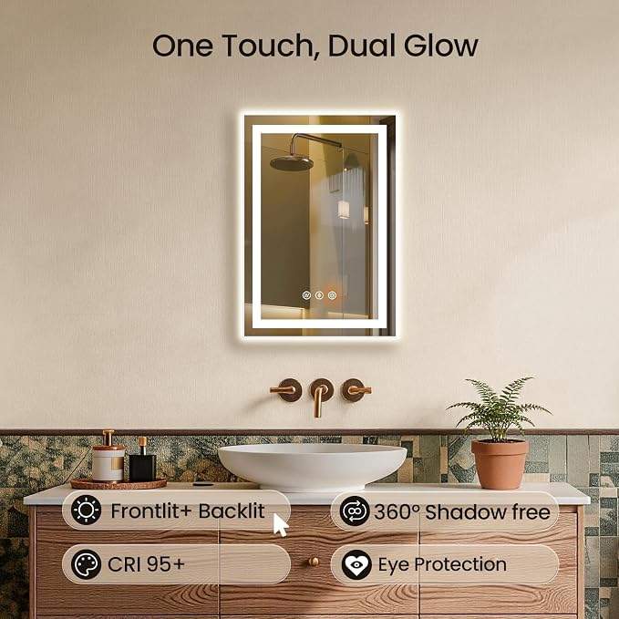 16X24 LED Bathroom Mirror with Lights, Anti-Fog, Backlit + Front Lit, Lighted Bathroom Vanity Mirror for Wall, Memory Function, Dimmable, Tempered Glass, Shatter-Proof, ETL Listed