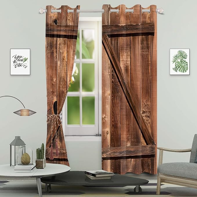 Old Tan Wooden Window Curtains American Rustic Garage Door Curtains Vintage Barn Door Drapes Wood Planks Rural Style Native Country Farmhouse Bedroom Window Treatment, 26x84 inch, 2 Panels