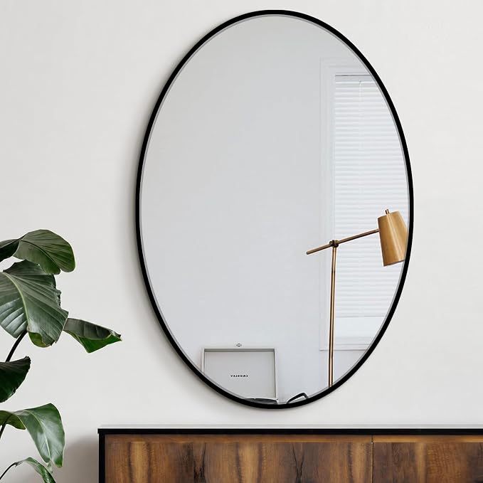 Oval Bathroom Vanity Mirror for Wall, 38''x26'' Black Oval Bathroom Mirror for Over Sink, Bedroom, Living Room, Entryway, HD Tempered Glass, Wall Mounted Horizontally or Vertically