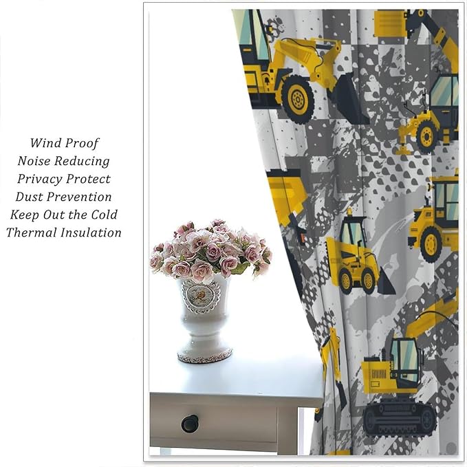 Kids Cartoon Car Curtain Yellow Vehicle Graffiti Excavator for Boys Kids, Window Treatments Curtains Bedroom Cafe Dining Room Living Room Kitchen Office Drapes, 42x54 in