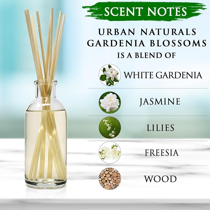 Urban Naturals Reed Diffuser Set, Gardenia Blossoms - Bathroom Shelf Décor | Jasmine, Ylang-Ylang Scent Notes for a Continuous Air Freshener Scent