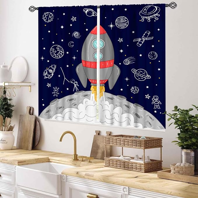 Kids Space Curtains for Boys Room, Cartoon Rocket Universe Galaxy Space Planets Navy Blackout Kids Window Drapery Treatments for Bedroom Living Room Nursery Playroom 2 Panels, 55x39 Inch