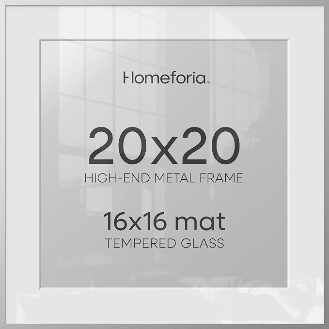 Homeforia 20x20 Silver Picture Frame, High End Metal 20 x 20 Square Frame with Mat 16 x 16 Photo, 20x20 Poster Frames Matted to 16x16 Print, 20 by 20 Hanging Frames, Tempered Glass, Wall Kit, Set of 1